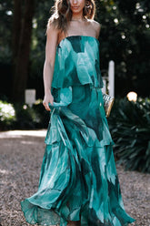 Süßes und charmantes bedrucktes trägerloses Maxikleid mit Rüschen